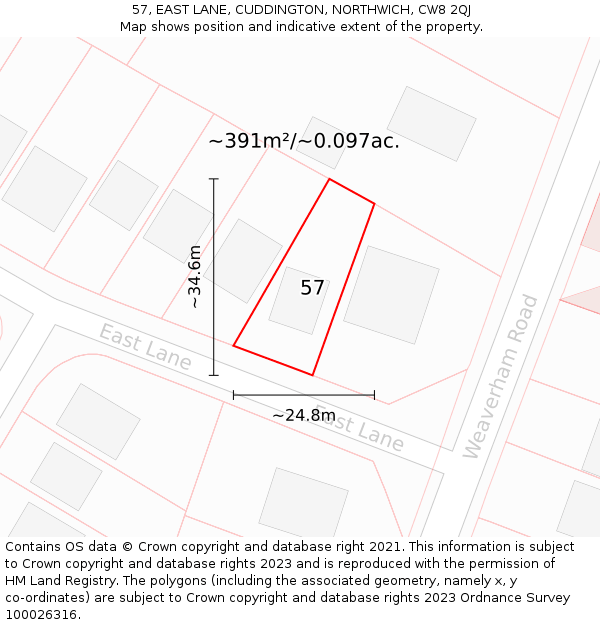 57, EAST LANE, CUDDINGTON, NORTHWICH, CW8 2QJ: Plot and title map