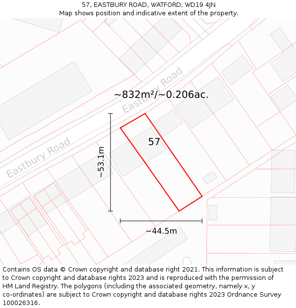 57, EASTBURY ROAD, WATFORD, WD19 4JN: Plot and title map