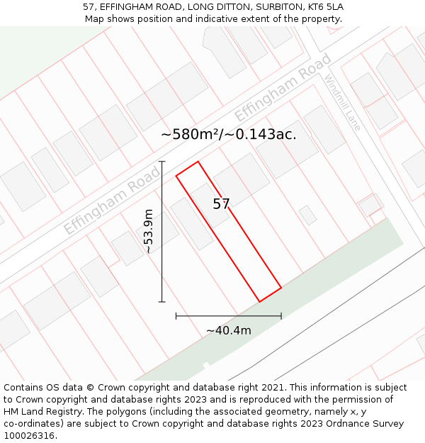 57, EFFINGHAM ROAD, LONG DITTON, SURBITON, KT6 5LA: Plot and title map