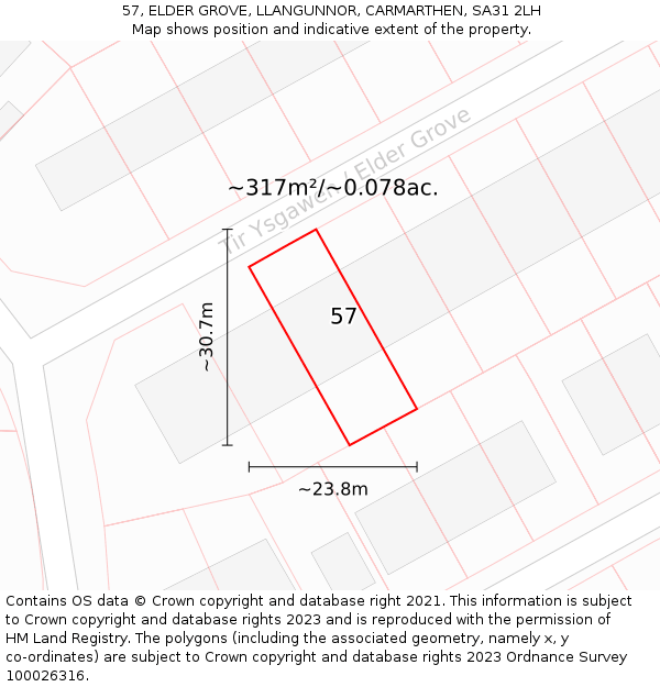 57, ELDER GROVE, LLANGUNNOR, CARMARTHEN, SA31 2LH: Plot and title map