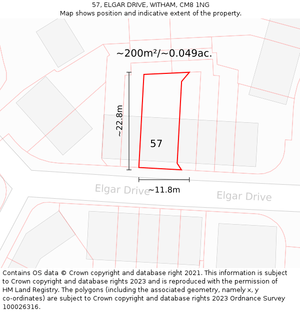 57, ELGAR DRIVE, WITHAM, CM8 1NG: Plot and title map