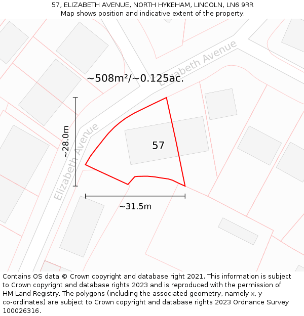 57, ELIZABETH AVENUE, NORTH HYKEHAM, LINCOLN, LN6 9RR: Plot and title map