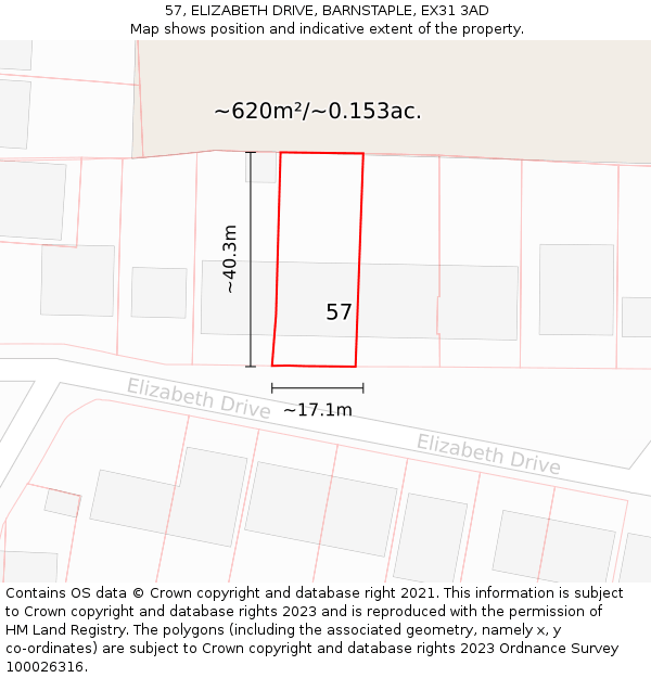 57, ELIZABETH DRIVE, BARNSTAPLE, EX31 3AD: Plot and title map