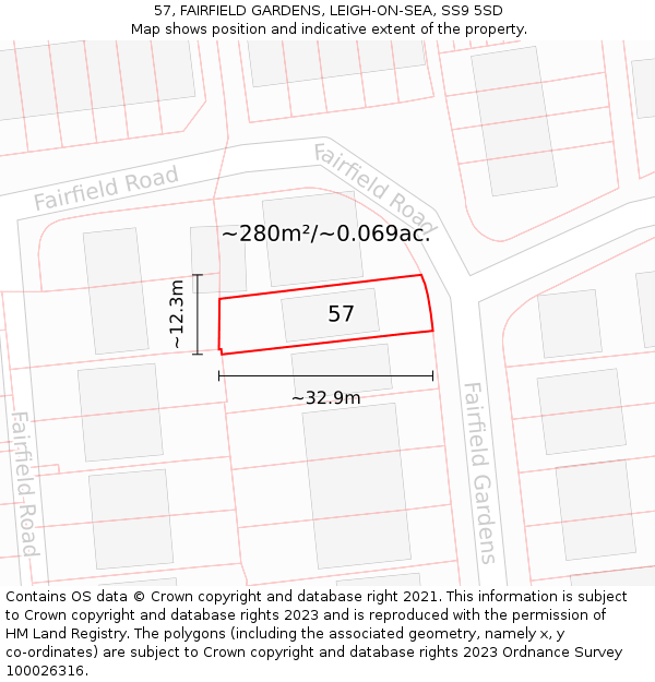 57, FAIRFIELD GARDENS, LEIGH-ON-SEA, SS9 5SD: Plot and title map