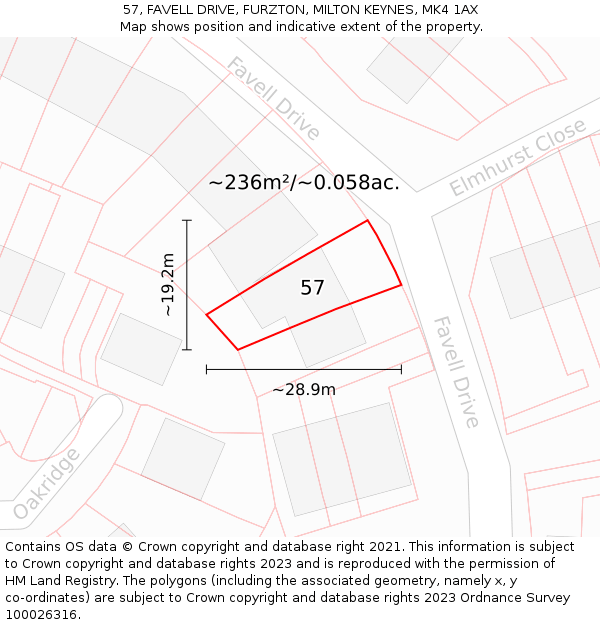 57, FAVELL DRIVE, FURZTON, MILTON KEYNES, MK4 1AX: Plot and title map