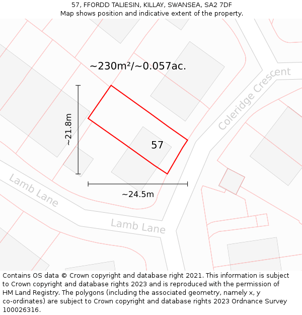 57, FFORDD TALIESIN, KILLAY, SWANSEA, SA2 7DF: Plot and title map