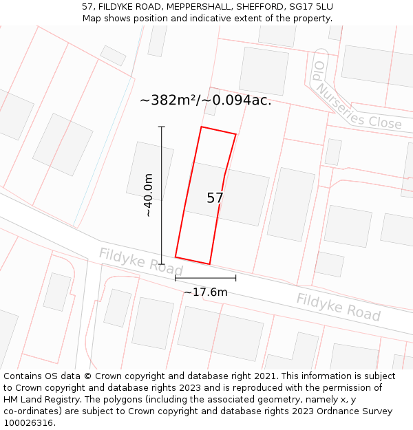 57, FILDYKE ROAD, MEPPERSHALL, SHEFFORD, SG17 5LU: Plot and title map