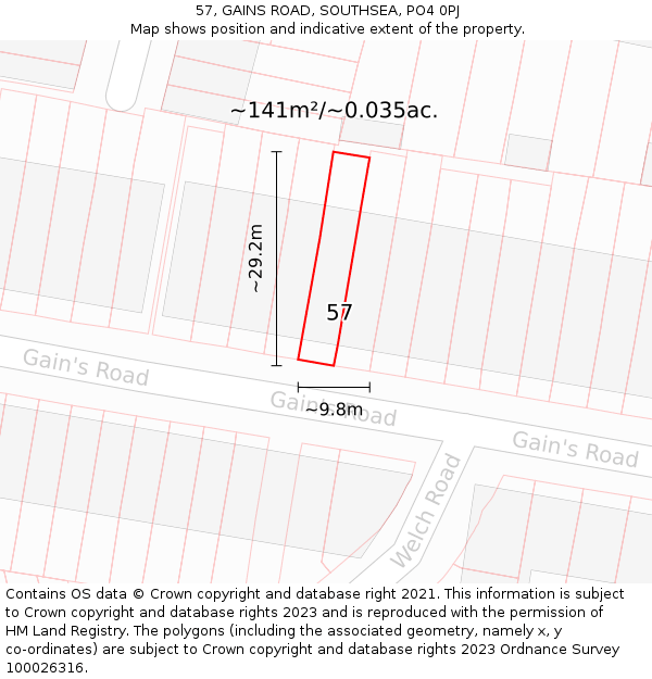 57, GAINS ROAD, SOUTHSEA, PO4 0PJ: Plot and title map