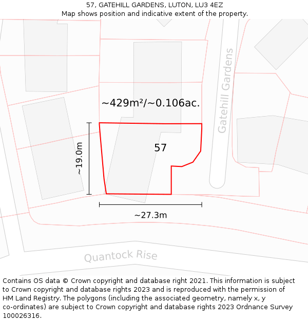 57, GATEHILL GARDENS, LUTON, LU3 4EZ: Plot and title map