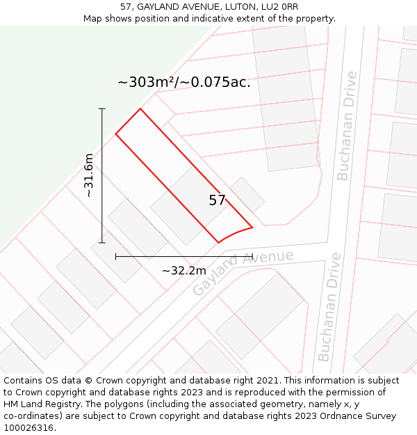 57, GAYLAND AVENUE, LUTON, LU2 0RR: Plot and title map