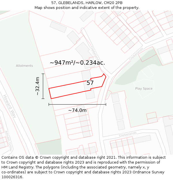 57, GLEBELANDS, HARLOW, CM20 2PB: Plot and title map