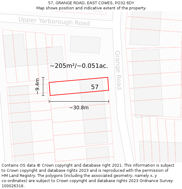 57, GRANGE ROAD, EAST COWES, PO32 6DY: Plot and title map