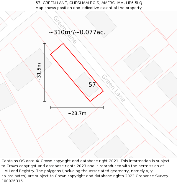 57, GREEN LANE, CHESHAM BOIS, AMERSHAM, HP6 5LQ: Plot and title map