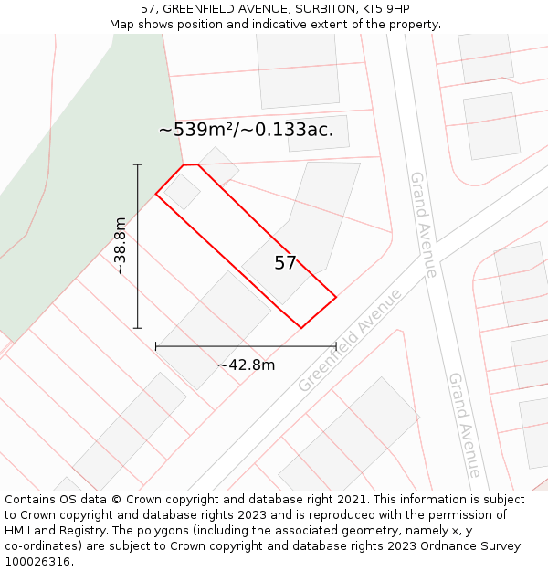 57, GREENFIELD AVENUE, SURBITON, KT5 9HP: Plot and title map