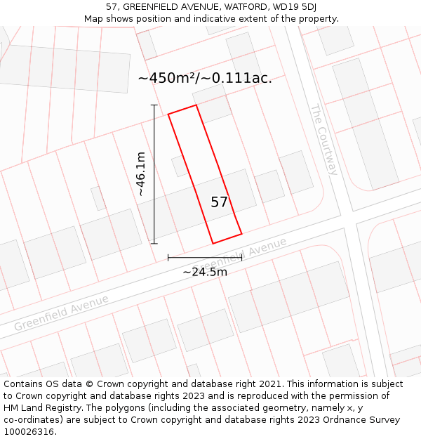 57, GREENFIELD AVENUE, WATFORD, WD19 5DJ: Plot and title map