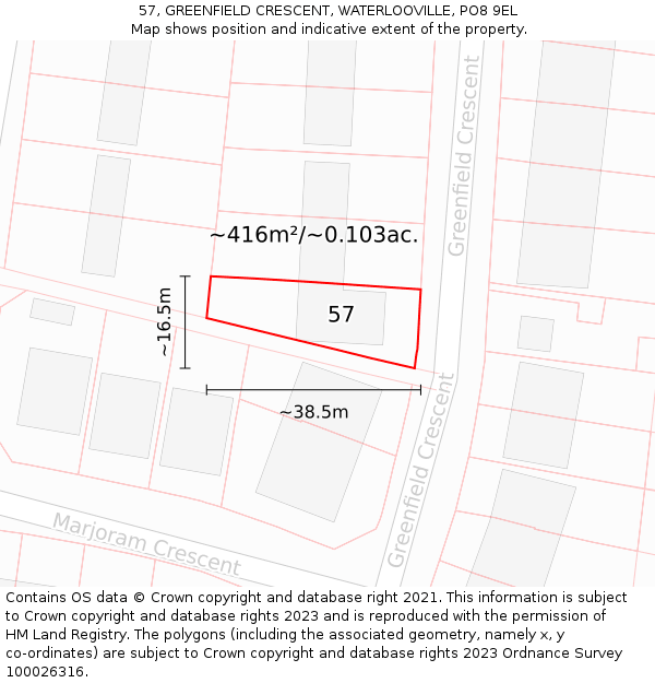 57, GREENFIELD CRESCENT, WATERLOOVILLE, PO8 9EL: Plot and title map