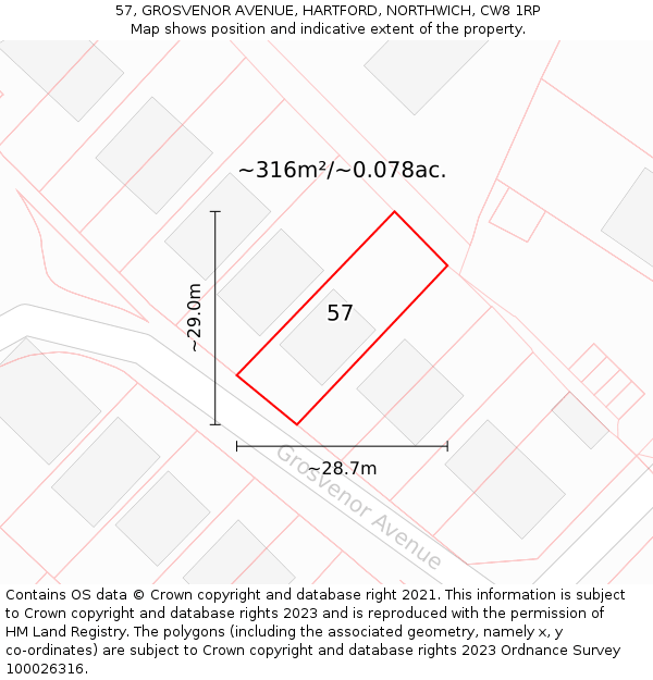 57, GROSVENOR AVENUE, HARTFORD, NORTHWICH, CW8 1RP: Plot and title map