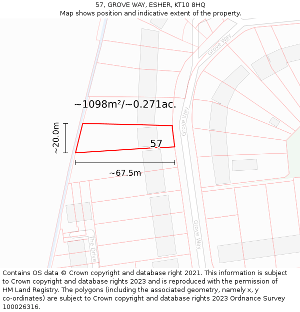 57, GROVE WAY, ESHER, KT10 8HQ: Plot and title map