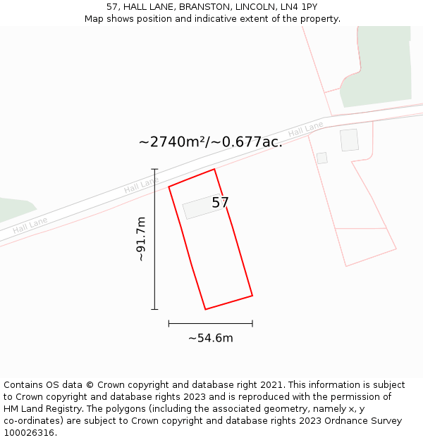 57, HALL LANE, BRANSTON, LINCOLN, LN4 1PY: Plot and title map
