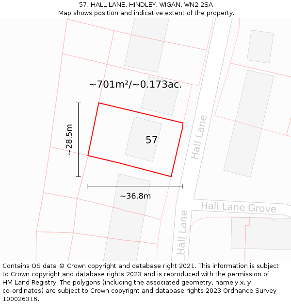 57, HALL LANE, HINDLEY, WIGAN, WN2 2SA: Plot and title map