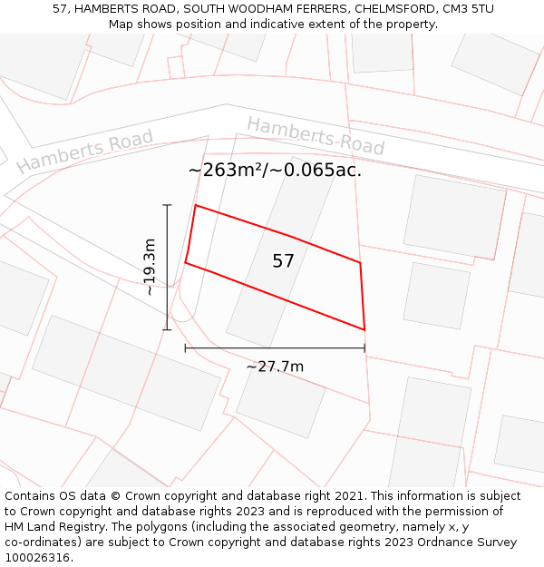 57, HAMBERTS ROAD, SOUTH WOODHAM FERRERS, CHELMSFORD, CM3 5TU: Plot and title map