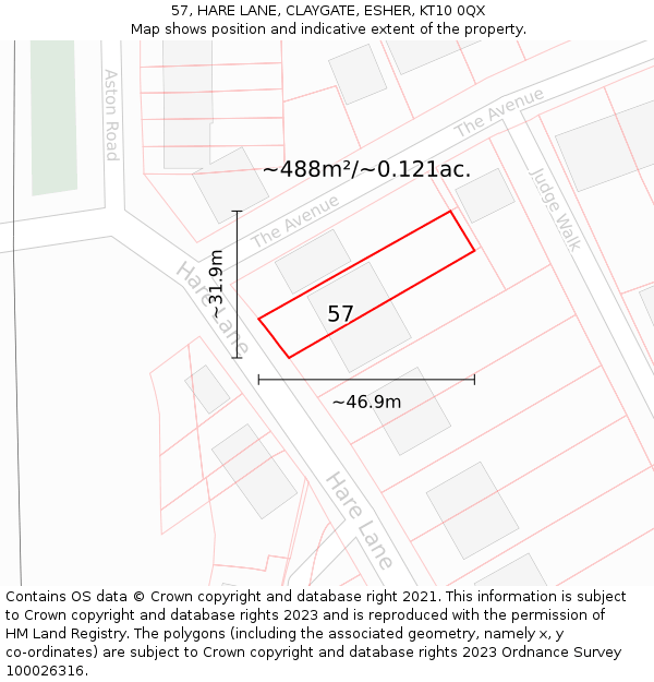 57, HARE LANE, CLAYGATE, ESHER, KT10 0QX: Plot and title map