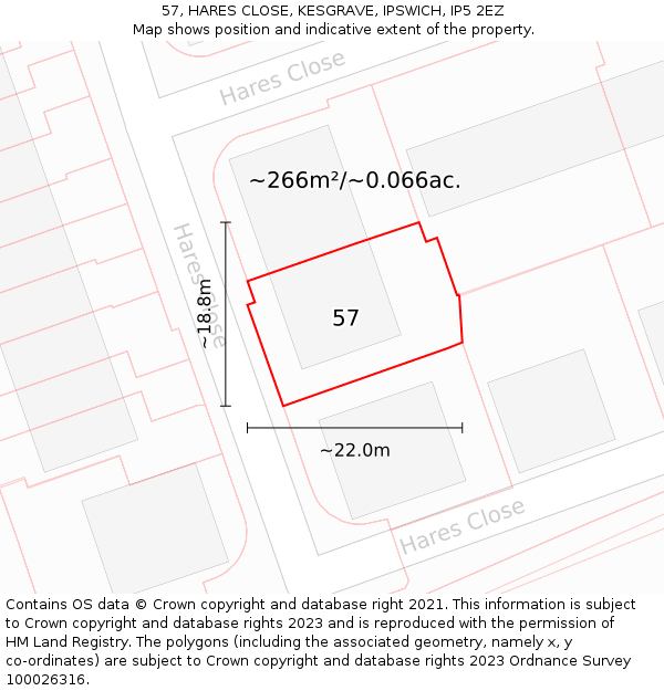 57, HARES CLOSE, KESGRAVE, IPSWICH, IP5 2EZ: Plot and title map