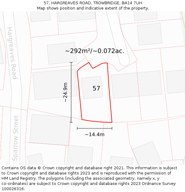 57, HARGREAVES ROAD, TROWBRIDGE, BA14 7UH: Plot and title map