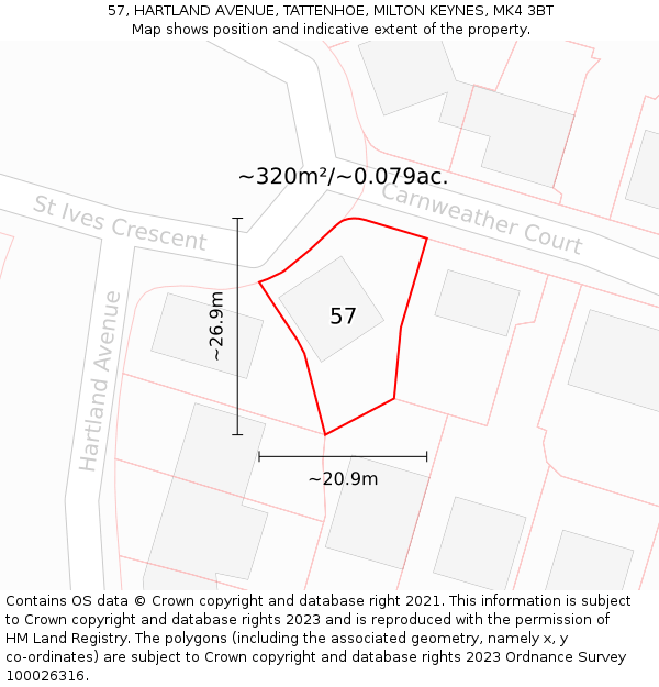 57, HARTLAND AVENUE, TATTENHOE, MILTON KEYNES, MK4 3BT: Plot and title map