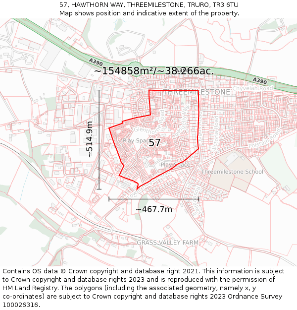 57, HAWTHORN WAY, THREEMILESTONE, TRURO, TR3 6TU: Plot and title map