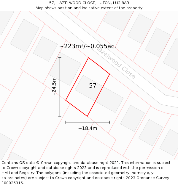 57, HAZELWOOD CLOSE, LUTON, LU2 8AR: Plot and title map