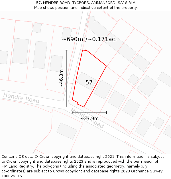 57, HENDRE ROAD, TYCROES, AMMANFORD, SA18 3LA: Plot and title map