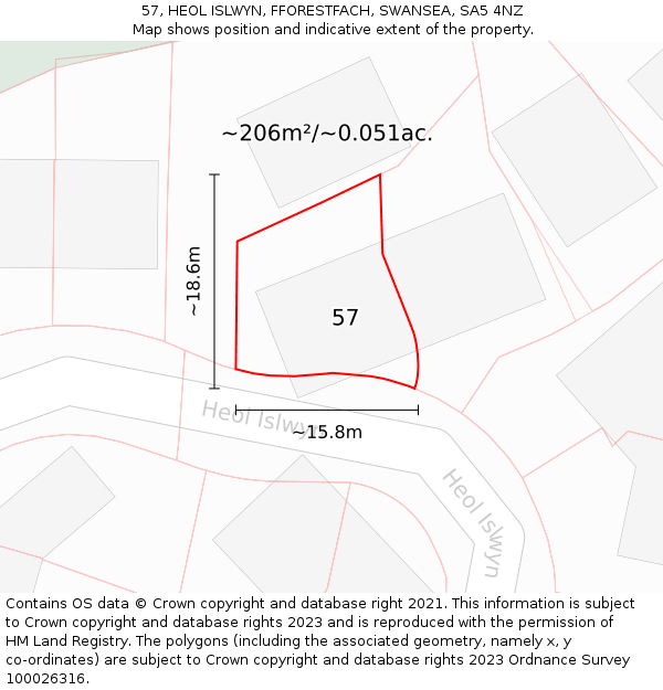 57, HEOL ISLWYN, FFORESTFACH, SWANSEA, SA5 4NZ: Plot and title map