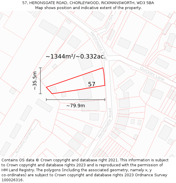 57, HERONSGATE ROAD, CHORLEYWOOD, RICKMANSWORTH, WD3 5BA: Plot and title map