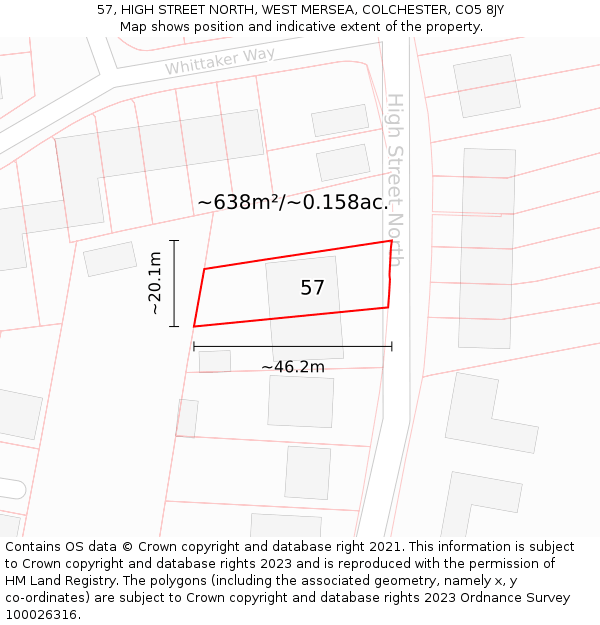 57, HIGH STREET NORTH, WEST MERSEA, COLCHESTER, CO5 8JY: Plot and title map