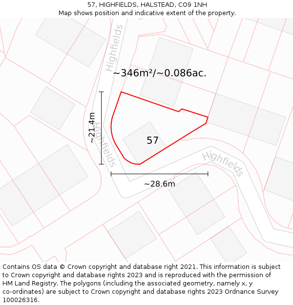 57, HIGHFIELDS, HALSTEAD, CO9 1NH: Plot and title map