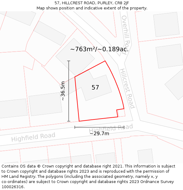 57, HILLCREST ROAD, PURLEY, CR8 2JF: Plot and title map