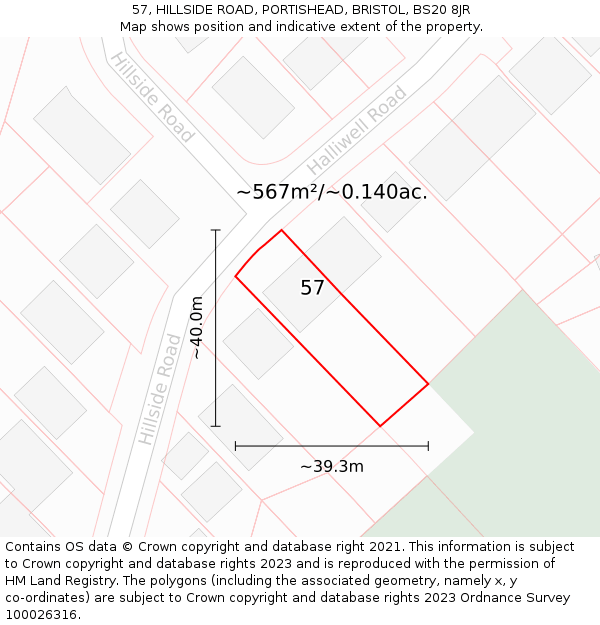 57, HILLSIDE ROAD, PORTISHEAD, BRISTOL, BS20 8JR: Plot and title map