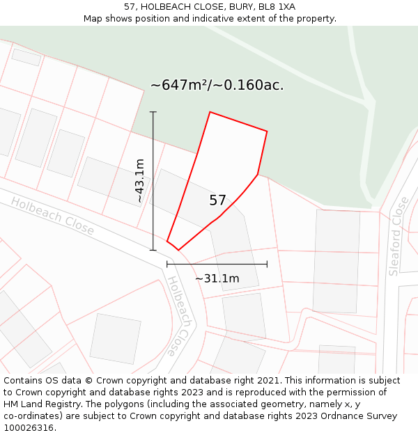 57, HOLBEACH CLOSE, BURY, BL8 1XA: Plot and title map