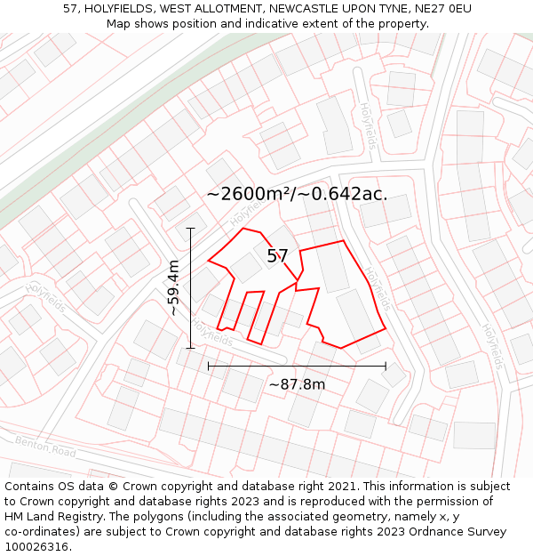 57, HOLYFIELDS, WEST ALLOTMENT, NEWCASTLE UPON TYNE, NE27 0EU: Plot and title map