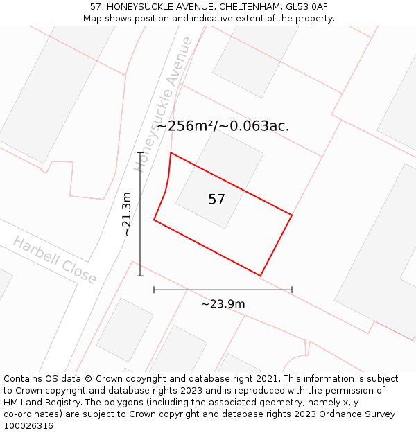 57, HONEYSUCKLE AVENUE, CHELTENHAM, GL53 0AF: Plot and title map