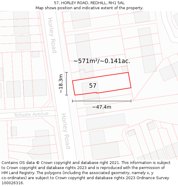 57, HORLEY ROAD, REDHILL, RH1 5AL: Plot and title map