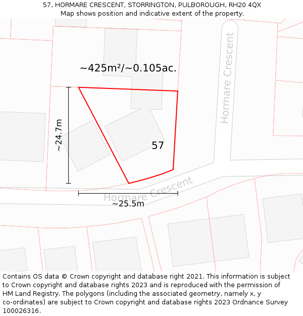 57, HORMARE CRESCENT, STORRINGTON, PULBOROUGH, RH20 4QX: Plot and title map