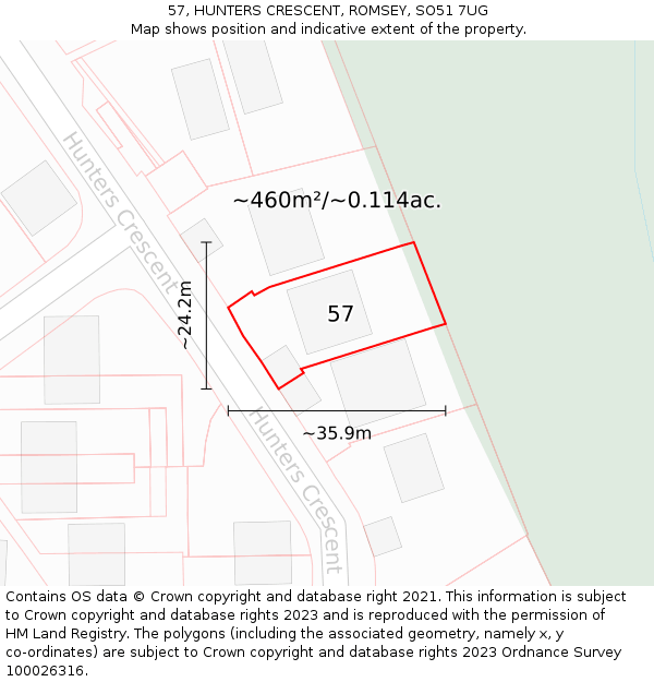 57, HUNTERS CRESCENT, ROMSEY, SO51 7UG: Plot and title map