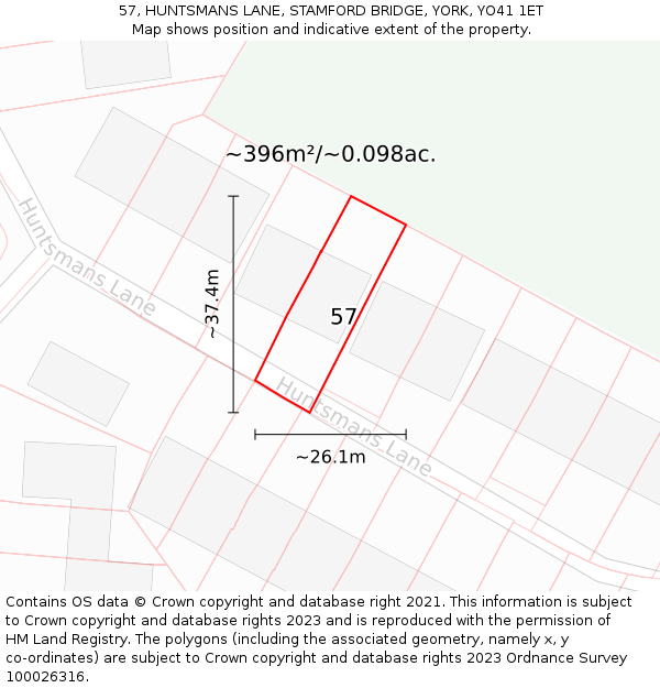 57, HUNTSMANS LANE, STAMFORD BRIDGE, YORK, YO41 1ET: Plot and title map