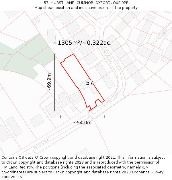 57, HURST LANE, CUMNOR, OXFORD, OX2 9PR: Plot and title map