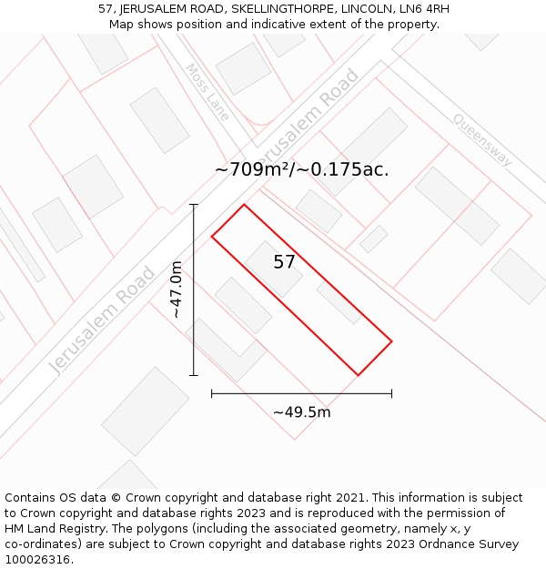 57, JERUSALEM ROAD, SKELLINGTHORPE, LINCOLN, LN6 4RH: Plot and title map