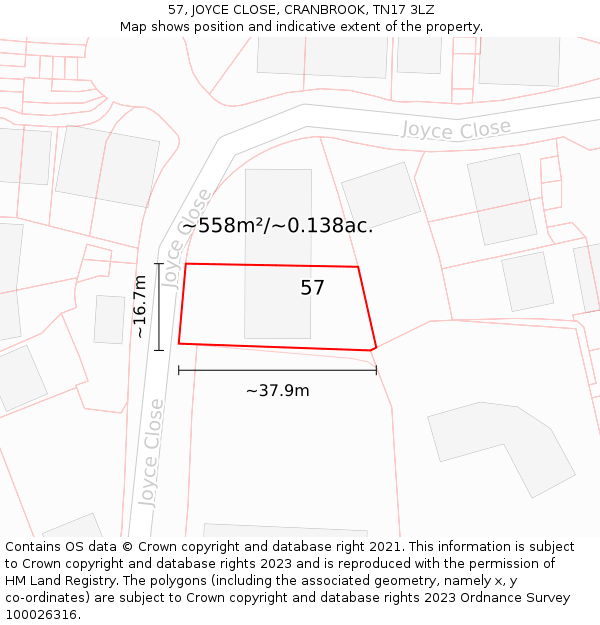 57, JOYCE CLOSE, CRANBROOK, TN17 3LZ: Plot and title map