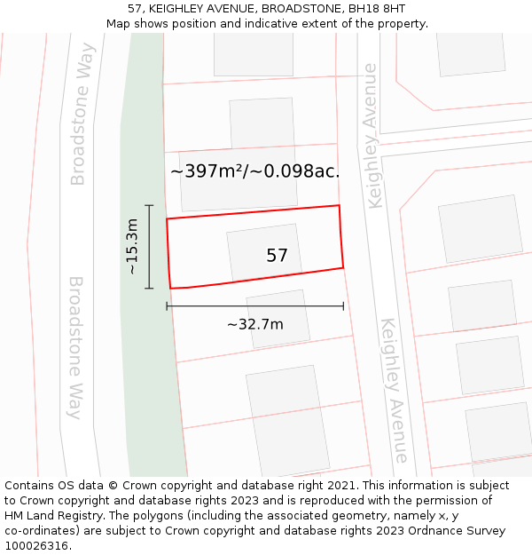 57, KEIGHLEY AVENUE, BROADSTONE, BH18 8HT: Plot and title map