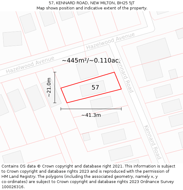 57, KENNARD ROAD, NEW MILTON, BH25 5JT: Plot and title map